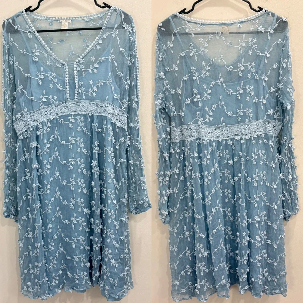 Sundance Blue Embroidered Mesh Lace Empire Waist Dress Sz 16 Boho Cottagecore - Picture 3 of 12